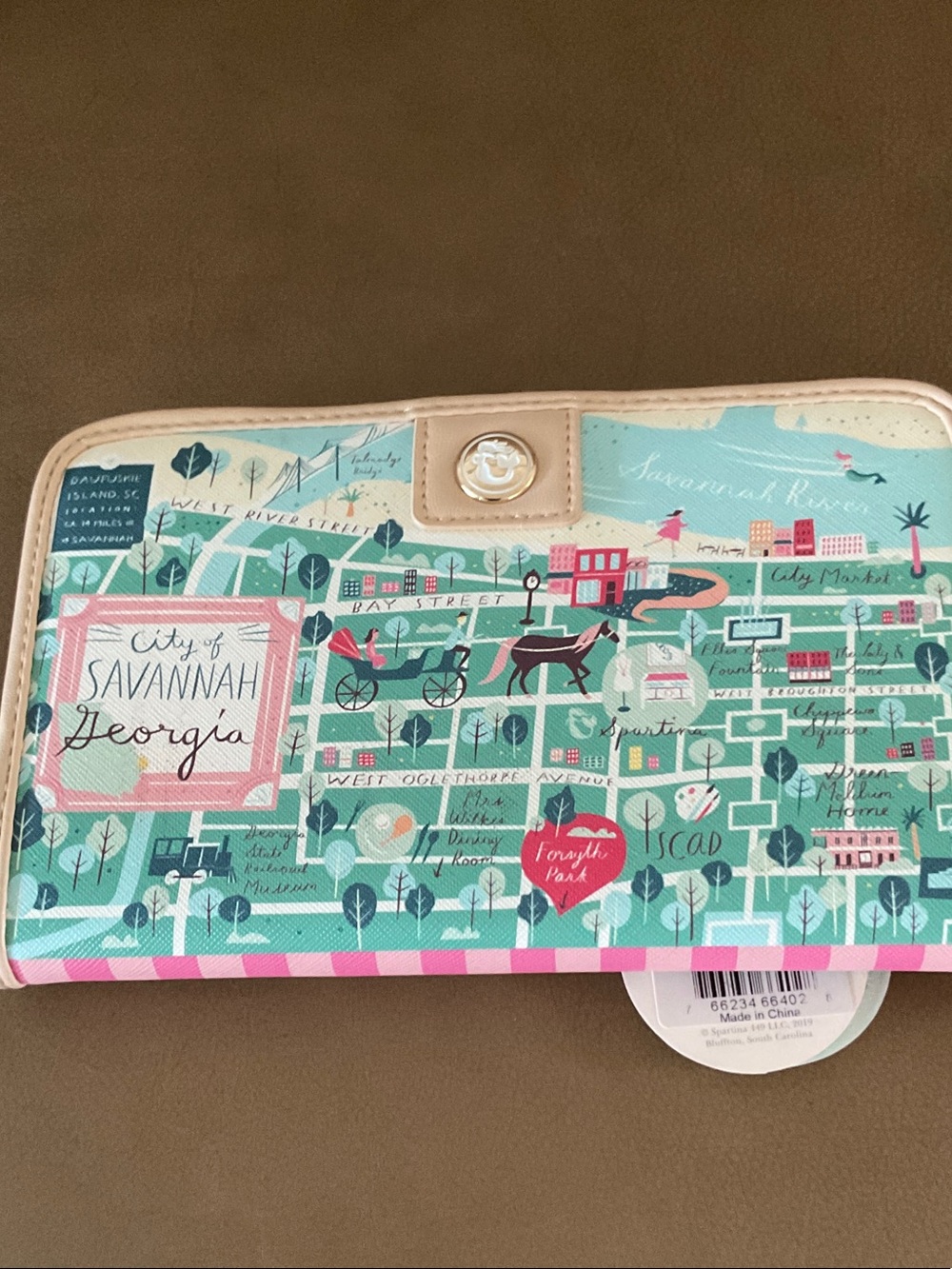 Spartina 449 Aqua, Pink and Cream Map-Print Zip Wallet, NWT